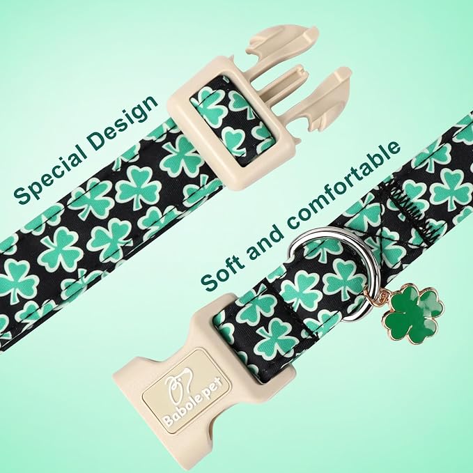 St Patricks Day Dog Collar for Small Dogs - Green Lucky Shamrock Boy Dog Collars, Irish Clover Pattern Black Male Puppy Collar with Quick Release Buckle S