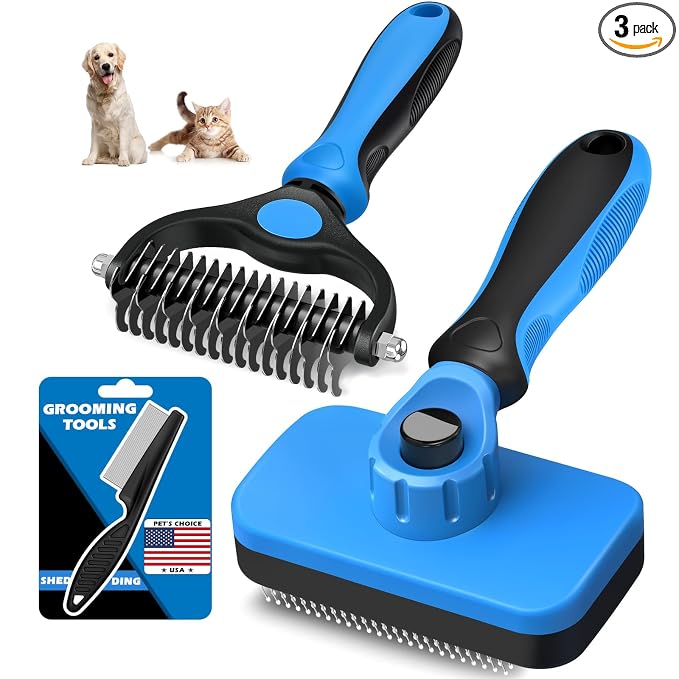 Professional 3PCS Self Cleaning Slicker Brush & Pet Grooming Rake & Flea Comb for Dogs,Cats and Horses | Double-Sided Dematting Comb & Skin Friendly Deshedding Grooming Tool | Pet Supplies (Blue)