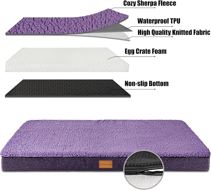 Patas Lague Orthopedic Large Dog Bed Washable Pet Sofa Mat 48''X30''Purple | Egg-Crate Foam Dog Couch For Large Sized Dogs, Waterproof Removable Cover, Soft Pet Crate Bed With Nonskid Bottom