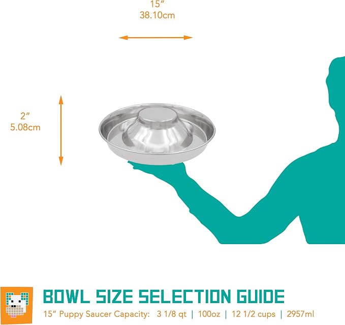 Stainless Steel Puppy Kitten Bowls: Welping Dishes for Weaning Puppies & Kittens, Wide Non-Tip Base, Slow Feeder, 15" (PS-15)