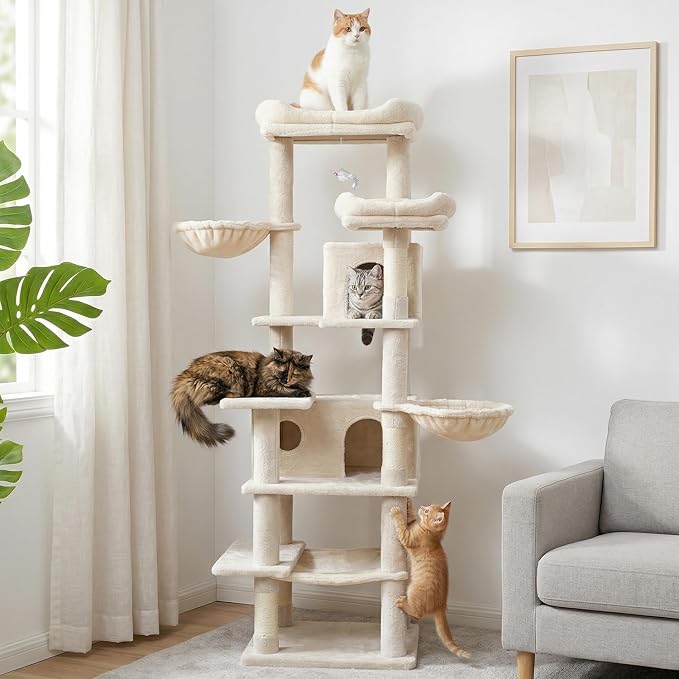 Beige 68 Inches Multi-Level Large and Tall Cat Tree Tower for Indoor Cats/Removable Pad/Cat Condo/Sisal Scratching Posts/Hammock/Cat Activity Center/Wide Base,White