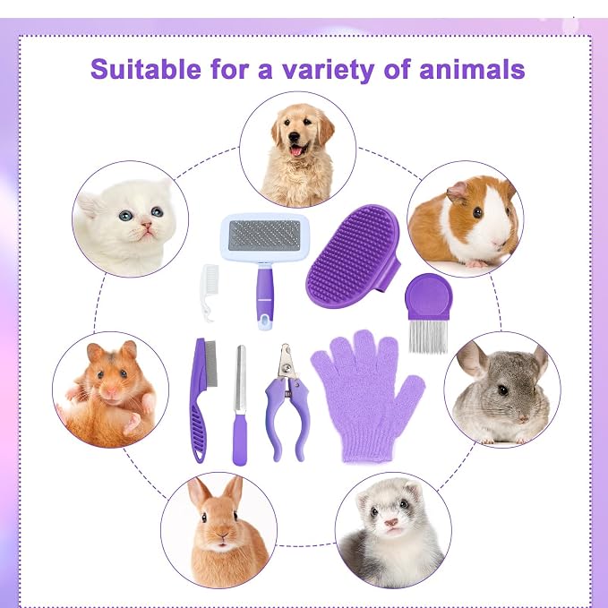 VCZONE 8 Pcs Small Animal Grooming Kit, Rabbit Grooming Kit with Pet Nail Clipper and File, Flea Comb, Pet Shampoo Bath Brush, Pet Shedding Slicker Brush, Bath Massage Glove, Cleaning Comb (Purple)