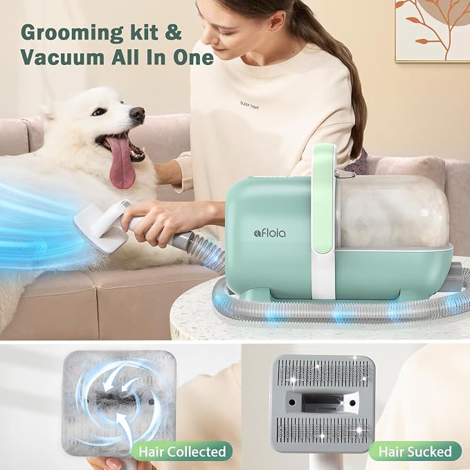 Afloia 6-in-1 Dog Grooming Vacuum Kit, Pet Clipper & Nail Grinder, Green | All-in-one grooming covers brushing, clipping, trimming and nail care, 1.5L dust cup, 3 suction levels, low-noise comfort