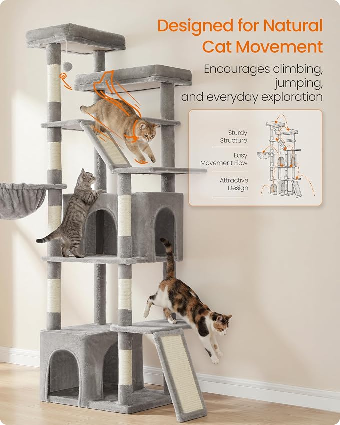 Feandrea 72.6-Inch Tall Cat Tree Tower for Indoor Extra Large Cats, Scratching Posts, Scratching Boards, Multi-Level Design, Dove Gray UPCT014G101S