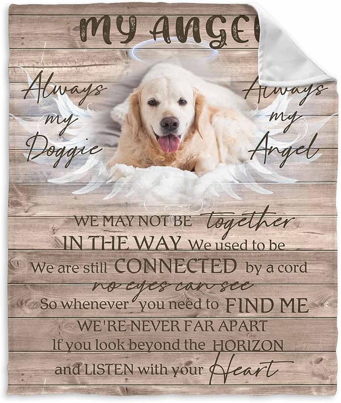 Personalized Memorial Fleece Blanket with Dog Cat Photo Always My Doggie Always My Angel Halo Wing Cloud Blanket Custom Pet Sympathy Remembrance Gift for Family and Friends 40X50 Inch