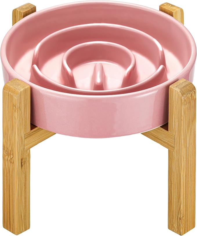 Ceramic Slow Feeder Dog Bowls Elevated, 2.0 Cups Slow Feeder for Medium Dogs, Puzzle Maze Bowl to Slow Down Eating, 30oz, 8in, Pink