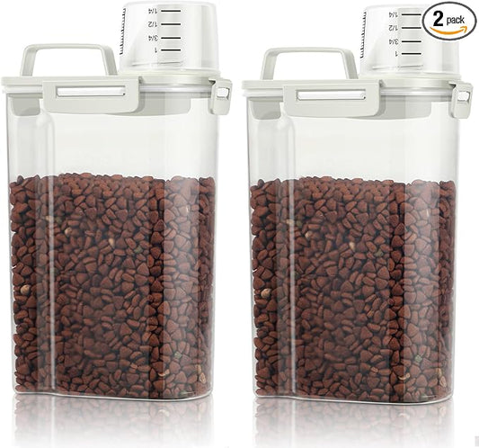 TBMax Small Dog Cat Food Storage Containers 2 Pack, Travel-Friendly Pet Food Container with Spout & Measuring Cup, Kid-Friendly Pet Feeding Dispenser, Portable Dog Treat Bird Seed Container -Beige