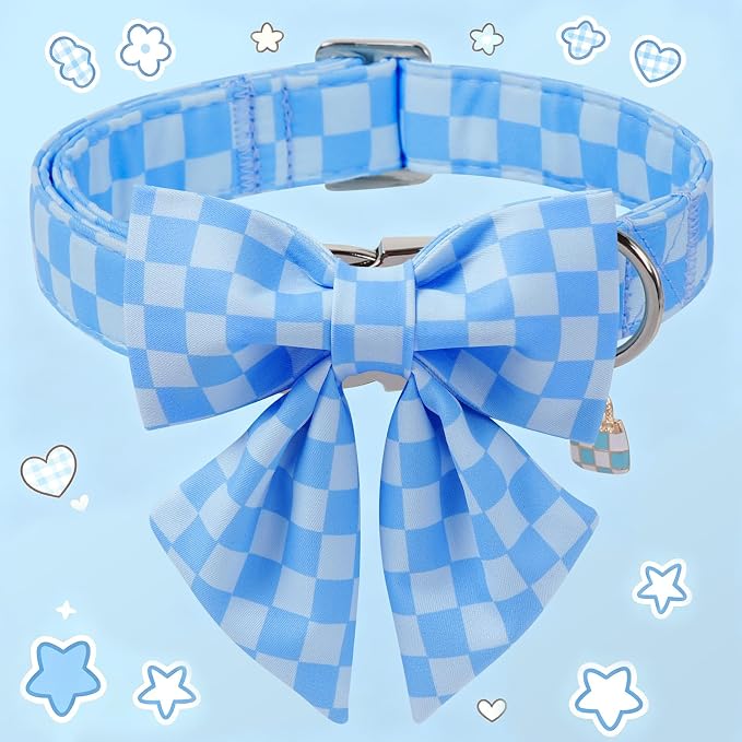 DOGWONG Blue Plaid Dog Collar with Bow - Adjustable and Comfortable Autumn Dog Collar Blue Checked Necklace for Large Medium Small Pet,M