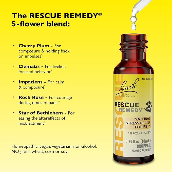 Rescue Remedy Pet Dropper - 10mL - Stress & Tension Support for Dogs & Cats with Bach Natural Flower Essences - Sedative-Free, Homeopathic Liquid Formula - For All Breeds, Ages & Weights