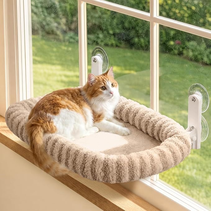 Zakkart Mellow Foldable Cat Window Perch, Upgraded Suction Cups (Brown, M) | Curtain-Friendly, Dual-Fabric Striped Machine Washable Bed, Heavy Duty ABS & Metal Frame, Hold up to 40 lbs., 22.8"W x 15.5"D