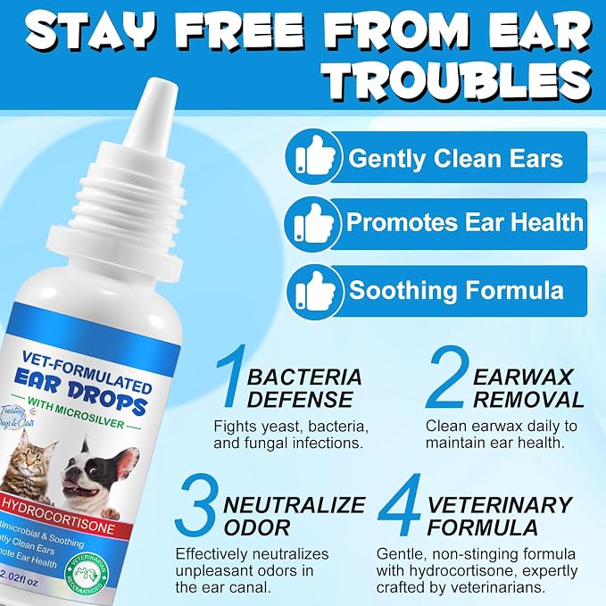 2PCS Dog & Cat Ear Infection Treatment Drops, Pets Ear Cleaning Drops | with 1% Hydrocortisone for Dog & Cats Yeast Infection, Itchy Ear Relief, Treats Ear Infections for Dogs & Cats