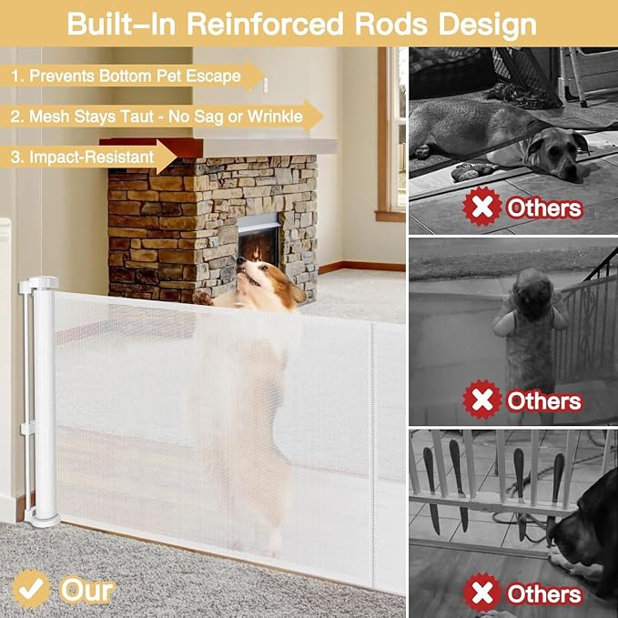 Reinforced 28 Inch Tall Retractable Baby Gates for Dogs, Easy Step Over Pet Gate with Support Rods, 55" Wide Retractable Dog Gate, Puppy Gates for The House Short Dog Gate for Stairs, Doorways, White