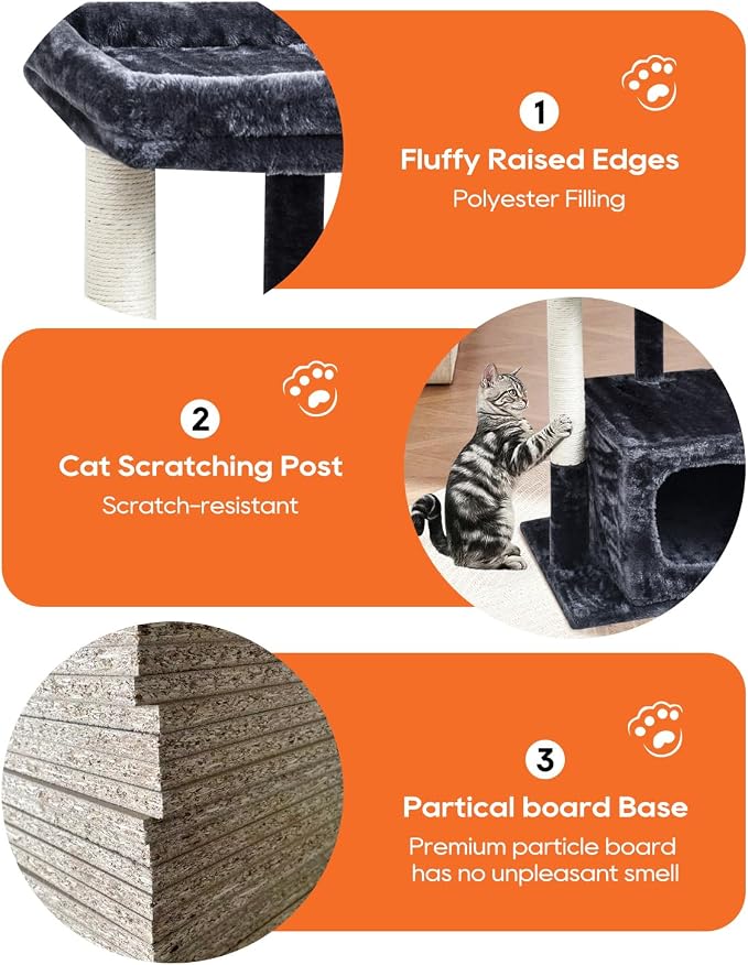 SYANDLVY 27IN Cat Tree for Indoor Cats Large Adult, Modern Activity Tower with Scratching Posts, Condo with Plush Perch, Climbing Stand with Spring Ball for Play, Smoky