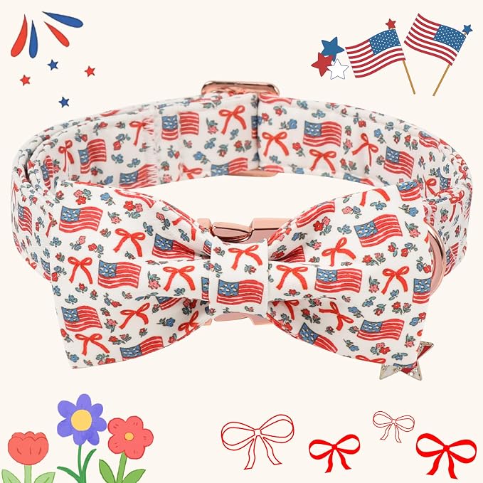 DOGWONG American Flag Dog Collar with Bow - Adjustable and Comfortable 4th of July Dog Collar Patriotic Necklace for Large Medium Small Pet,L