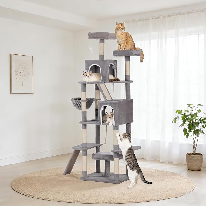 Multi-Level Cat Tree Large Cat Tower with Scratching Posts, Cat Condo for Adult Cats Kittens, Perches and Hammock (Light Gray)