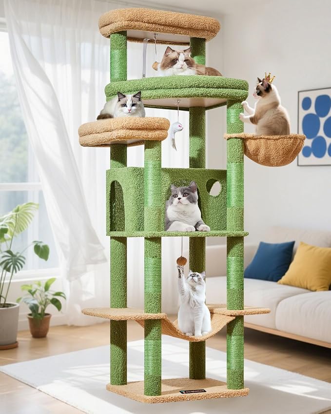 Taoqimiao Heavy-Duty Cat Tree, 71 in Cat Tower for Large Cats 20lbs+ | 3 Giant Multi-Tier Perches, Widened Cat Condo with 9 Scratching Posts, Plush Hammock & Basket, Toys, Cactus, MS034T