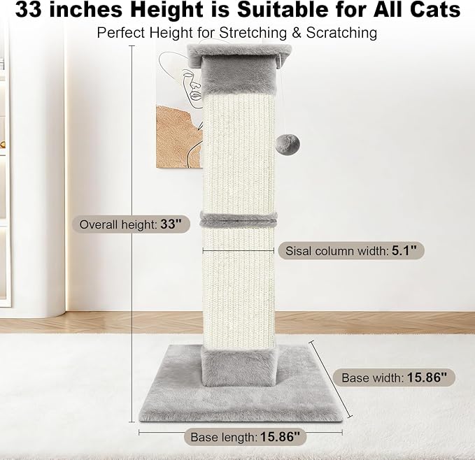 Cat Scratching Post 33 inch for Indoor Cats, Sisal Cat Scratcher, Vertical Posts with Dangling Ball, High Cat Scratch Post, Cat Tree for Full-Body Stretching, Protect Your Furniture, Light Grey