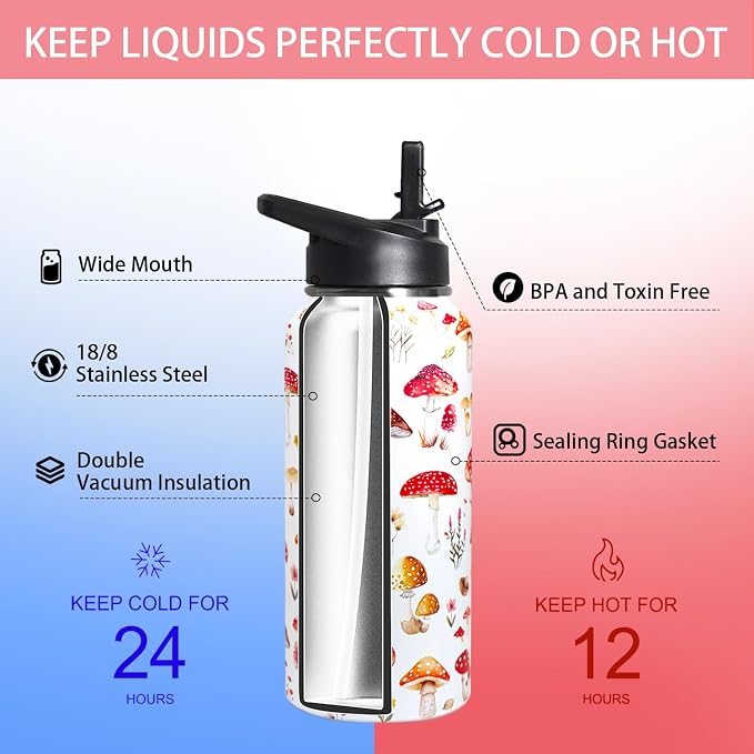 32oz Mushroom Stainless Insulated Aater Water Bottle with Straw,Mushroom Gym Hiking Sports Coffee Mug Cup Water Bottles,Mushroom Themed Gifts for Women,Mushroom Decor Stuff Accessories