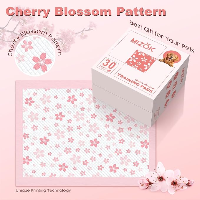 MIZOK Dog Pee Pads Extra Large 28"x34", Potty Pads for Big Dog Breeds, Super Absorbent & Leak-Proof, Pink Cherry Blossom Prints, Thick & Heavy, 4-Corner Adhesive Tabs, XL (30 Counts)