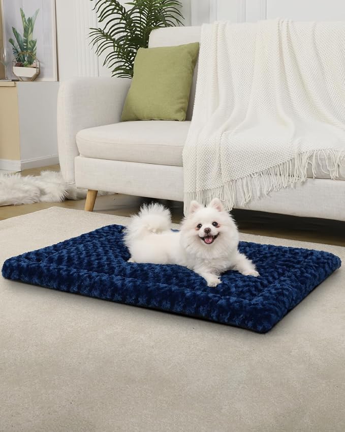 Exsnugy Washable Dog Bed Mat Medium Size Fluffy Pet Crate Pad 30x19 | Non-Slip Bottom Kennel Beds Ultra Soft Comfy Sleeping Mattress for Large Medium Small Dogs Blue