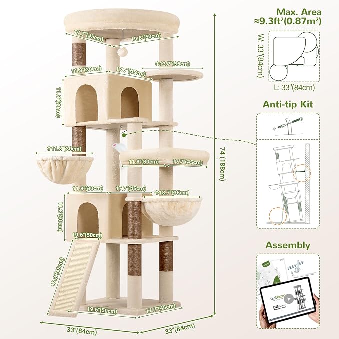 Globlazer Maine Coon Corner Cat Tree for Indoor Cats 74in, C74, Beige | Tall Heavy Duty Cat Tower for Large Multiple, 2 Big Platforms, 2 Extra Large Cat Condos, 2 Baskets, Sisal Scratching Board