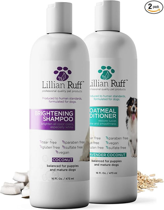 Lillian Ruff Brightening Shampoo & Oatmeal Conditioner Set for Dogs – Safe for Cats - Tear Free Coconut Scent with Aloe for Normal, Dry & Sensitive Skin
