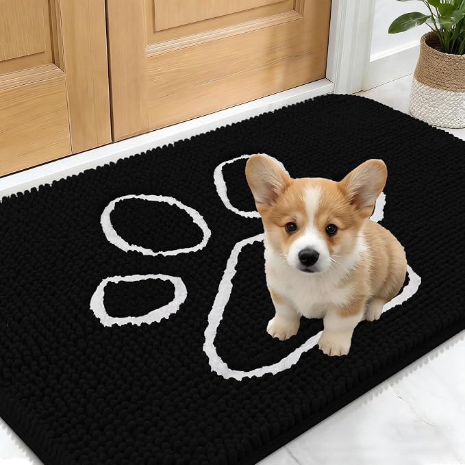 OLANLY Dog Door Mat for Muddy Paws 24x16, Paw Print Design Chenille Mud Mat | Black, Absorbent, Traps Moisture and Dirt, Non-Slip Washable Doormat, Quick-Drying Indoor Entryway Floor Carpet for Dogs