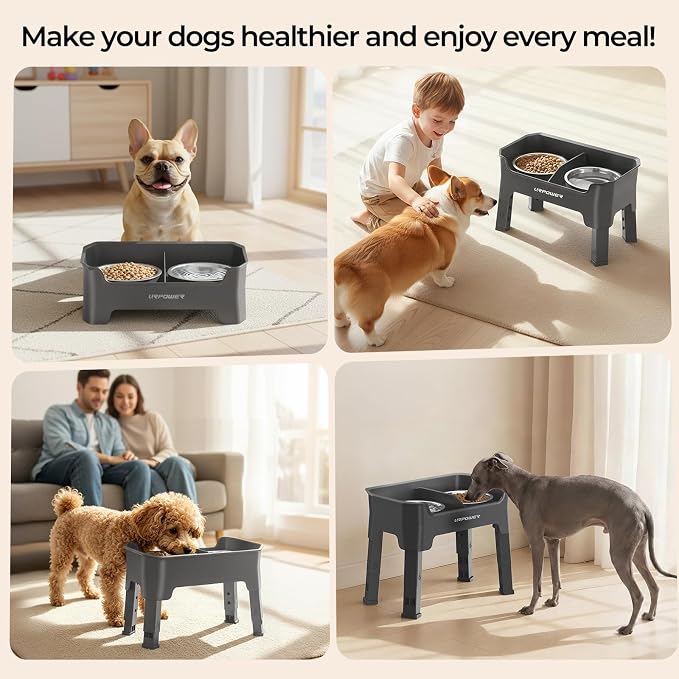 URPOWER Mess Proof Elevated Dog Bowls 4 Height Adjustable Raised Bowl Stand with 2 Stainless Steel Dog Bowls Non-Slip Food and Water Bowl Set for Small Dogs, Grey