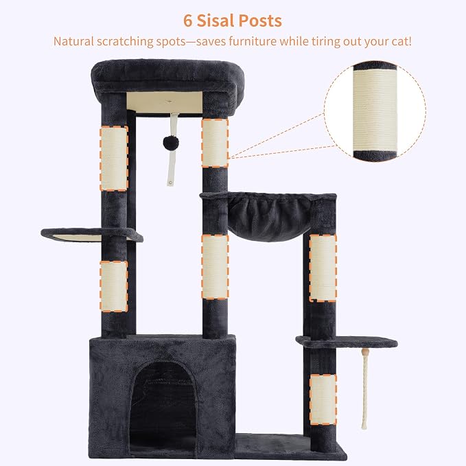 Heybly Heavy Duty Cat Tree with Large Base for Large Indoor Cats HCT026G | Cat Tower with Scratching Posts, Tall Cat Condo House , Multi-Level Plush Furniture with Hammock & Toy Balls, Smoky Gray