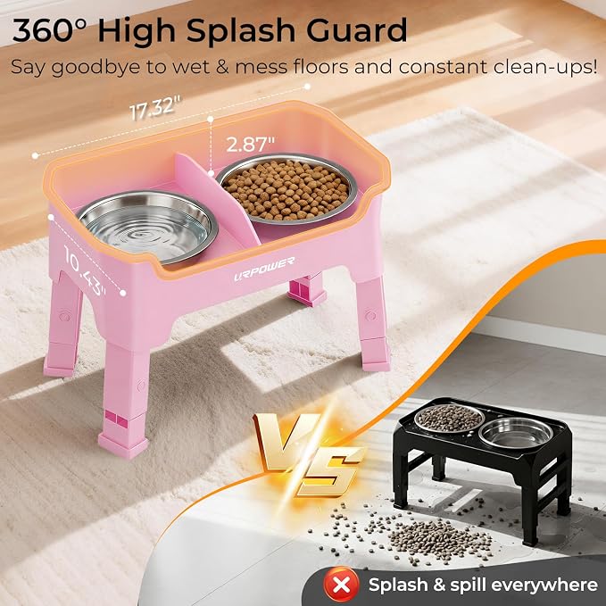 URPOWER Mess Proof Elevated Dog Bowls 4 Height Adjustable Raised Bowl Stand with 2 Stainless Steel Dog Bowls Non-Slip Food and Water Bowl Set for Small, Medium, Large Dogs, Pink