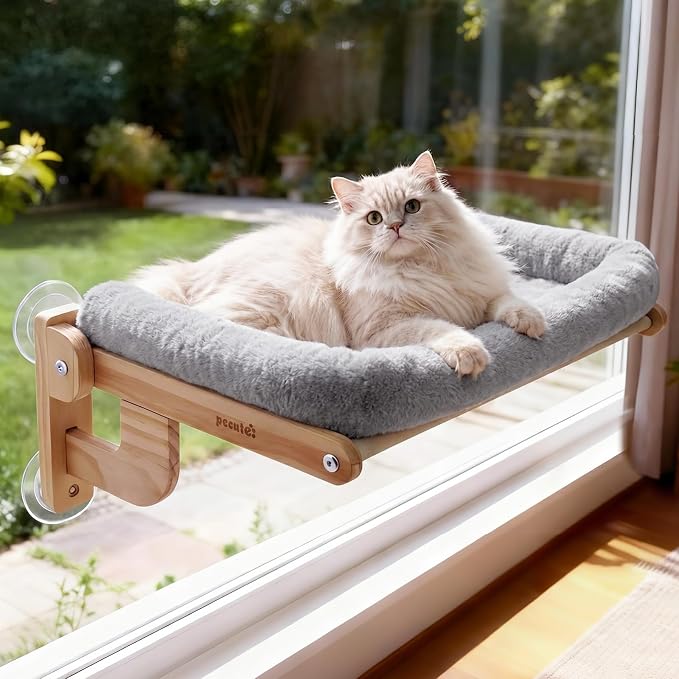 Pecute Cat Window Hammock Foldable, Cat Bed with Soft Cushion Grey, 26" L | Sturdy Wood Frame, Collapsible Large window perch with Strong Suction Cup for Indoor Cat, foldable Design, Soft Plush Surface