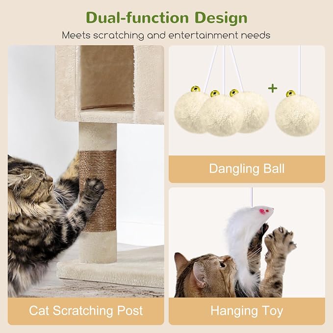 Globlazer Cat Tree Tower for Multiple Adult Cats, 82 inch, F82, Beige | XXL Tall Cat Tree Tower for Indoor Cats with Scratching Post, 3 Perches, 2 Condos, 2 Hanging Baskets