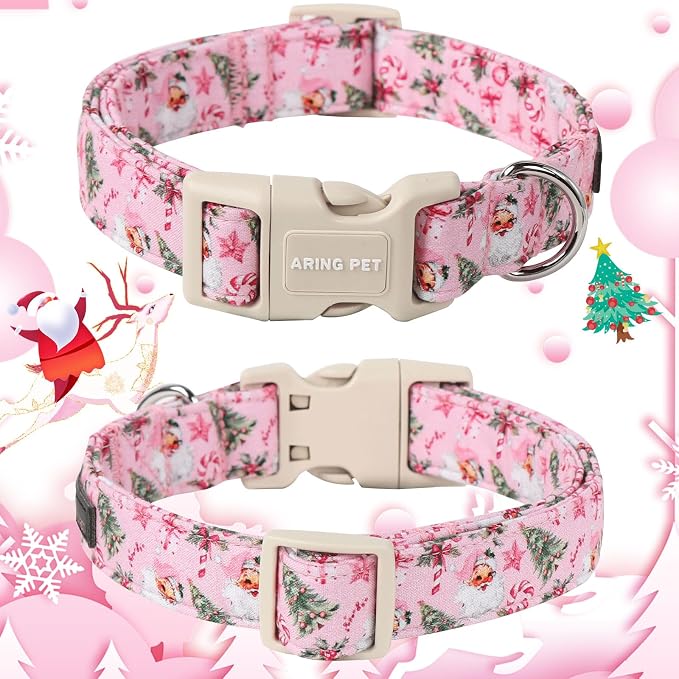 ARING PET Christmas Dog Collar, Cute Pink Santa Claus Xmas Tree Cotton Lightweight Winter Pet Collars with Quick Release Buckle for Puppy Small Medium Large Boy Girl Dogs-L