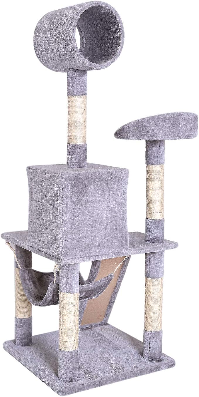 lionto Scratching Tree for Cats with Hammock & Tunnel, Height 52,4 in, cat Tree with sisal Rope & Soft Plush, Cozy Lying Areas & Caves, Suitable for Small & Large Cats, Light Gray