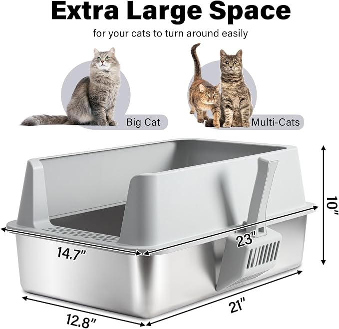 Stainless Steel Litter Box, XL Extra Large High Sided Metal Cat Litter Box with Lid and Scooper, Easy Clean, Non Stick & No Smell-23"x15"x10"