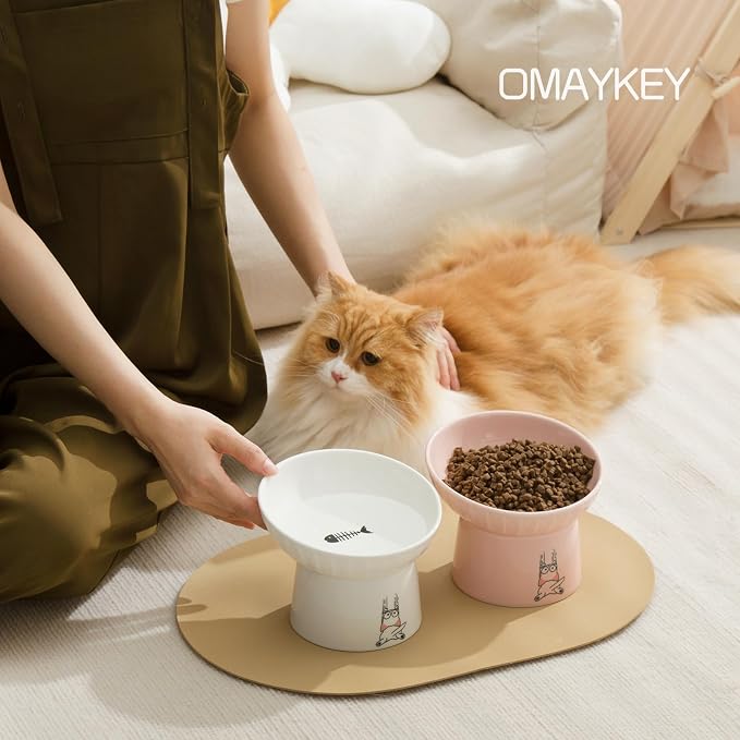 6.5 Inch Extra Wide Ceramic Raised Cat Bowls, Porcelain Tilted Elevated Cat Food Water Bowl Dish, Stress Free Pet Feeder Dishes for Cats & Small Dogs, Whisker Fatigue, White & Pink | Elevated Dishes, Prevent Neck, Whisker Fatigue, Anti Vomit, for Cats ...