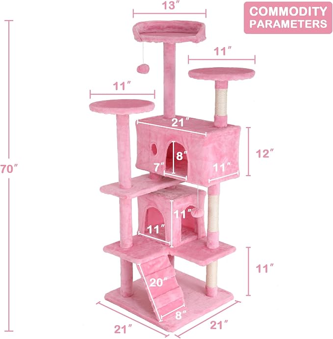 70'' Tall Multi-Level Cat Tree for Indoor Cats, Furniture With Scratching Post, Platform, Condo, Tower With Funny Toy, Corner Tree for Medium Cats