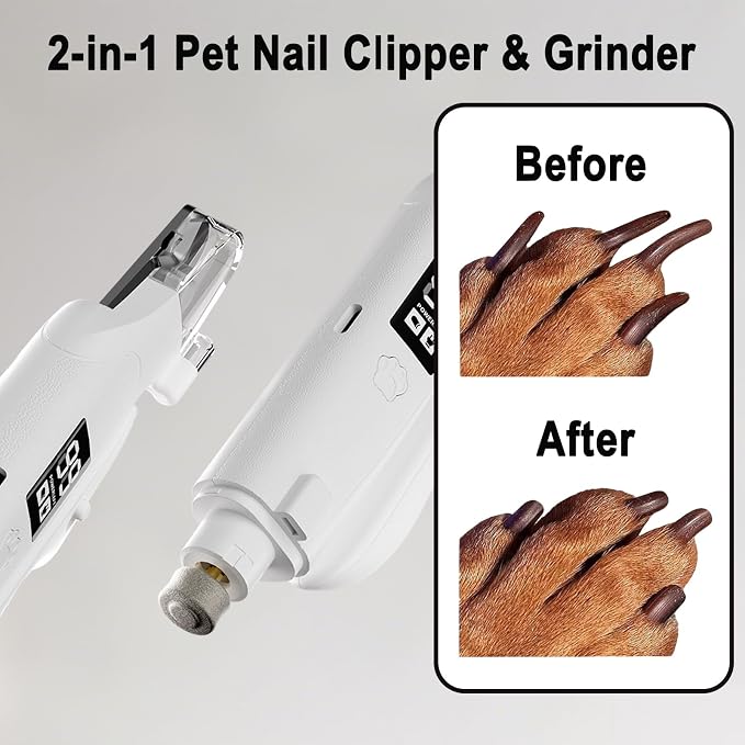2-in-1 Dog Nail Clippers and Grinder with Dual LED Lights, Quiet Rechargeable Pet Nail Trimmer with Clipping Catcher, Safety Lock and Battery Display for Small, Medium and Large dogs and cats