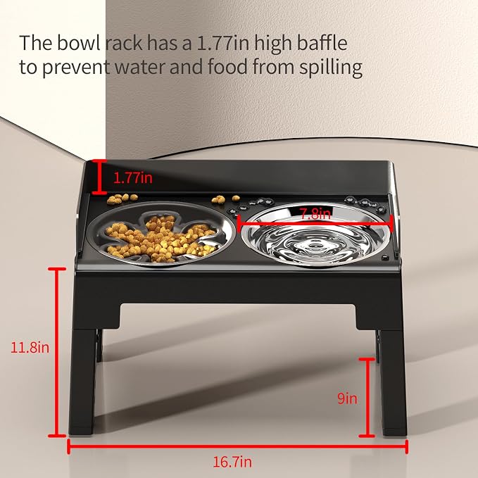 Elevated Dog Bowls for Medium and Large Dogs, Spill-Proof Tiltable Dog Feeder with Slow Feeder Bowl and Stainless Steel Water Bowl, 6-Height Adjustable Raised Dog Bowl Stand
