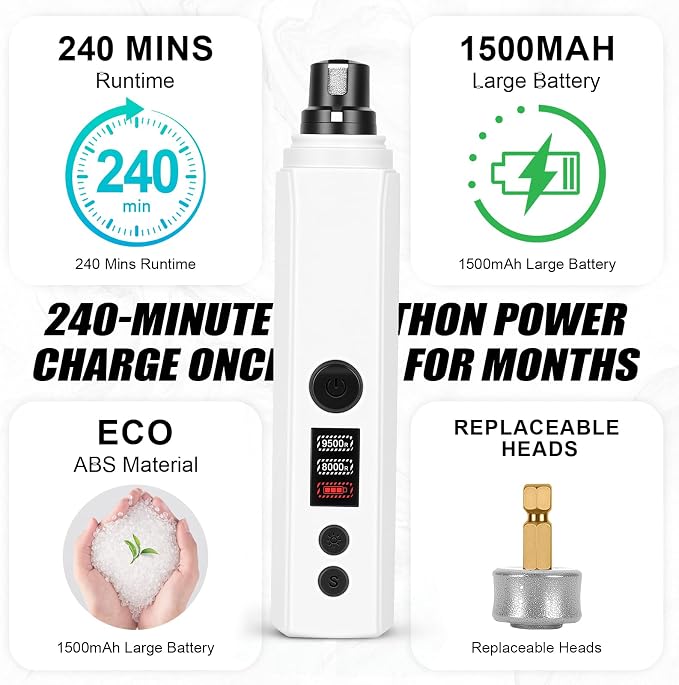Quiet Dog Nail Grinder,2026 New Updated Quiet Electric 2-Speed Professional Pet Nail Grinder with Quick Sensor, Rechargeable Painless Trimmer for Large to Small Dogs & Cats, LED Light & Guard