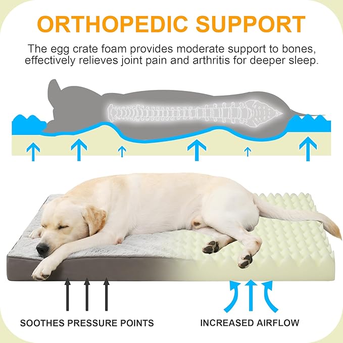 KSIIA Orthopedic Dog Bed for Extra Large Dogs with Waterproof, Grey, 47x29 | Deluxe Soft Plush Dog Crate Bed, Washable Pet Mat with Removable Cover & Egg Crate Foam for Extra Large Dogs Sleeping