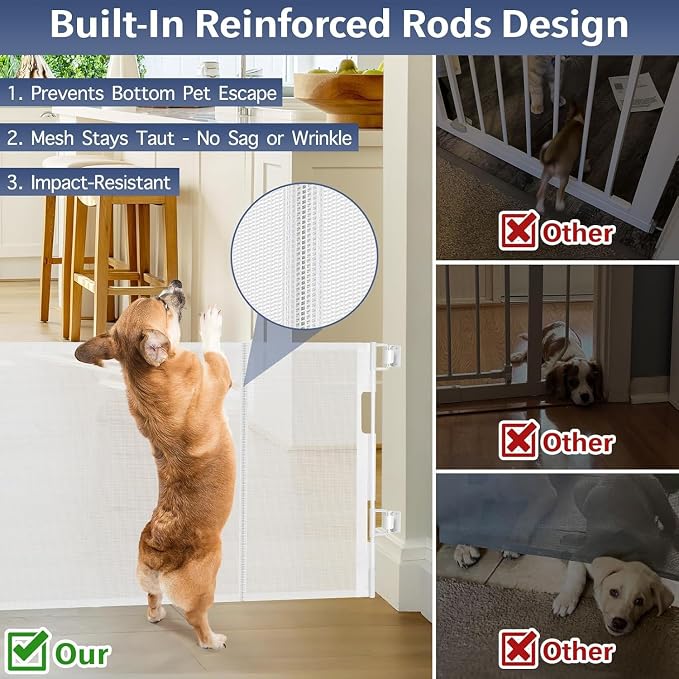 Reinforced 18" Tall Retractable Gate Step Over Dog Gate, 55" Wide Mesh Gate Short Pet Gate Indoor/Outdoor Retractable Dog Gate, Small Gates for Pets Puppy Gates for The House - No Bottom Squeeze/White