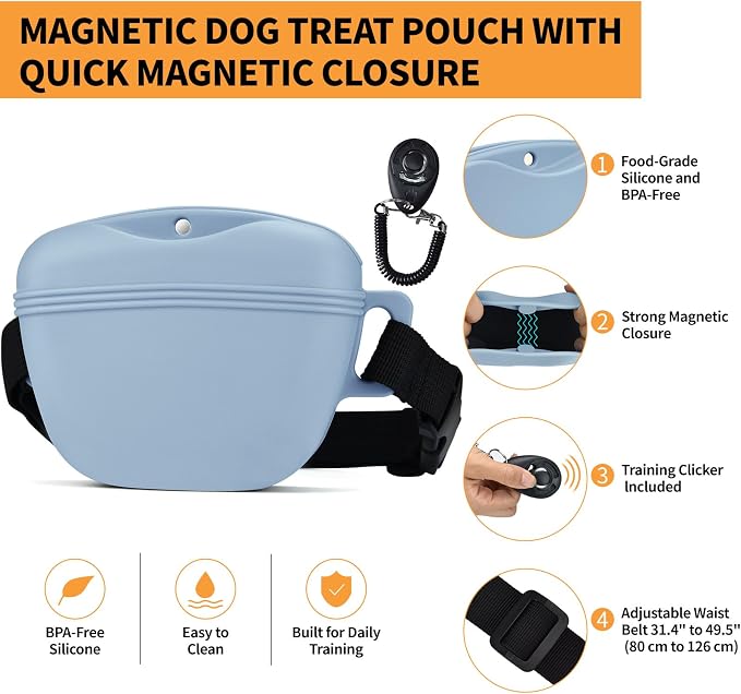 Silicone Dog Treat Pouch with Training Clicker | Upgraded Magnetic Closure, 1.6 Cup Capacity, Food-Grade Silicone, Easy Cleaning, Adjustable Belt for Training and Walking
