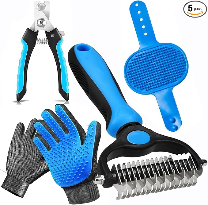NVNAN 5-in-1 Pet Grooming Kit with Deshedding Rake | Includes nail clipper, grooming gloves, massage brush, and tools for brushing, bathing, and removing loose pet hair