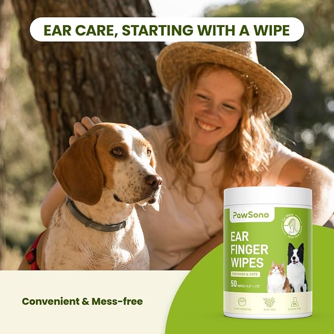 PawSono Dog Ear Wipes - 50 Count Dog Ear Cleaner Finger Wipes for Dogs & Cats, Pre-Moistened Ear Cleaning Wipes for Puppies, Kittens & Small Animals, Thick Pet Ear Wipes to Remove Wax, Dirt & Debris