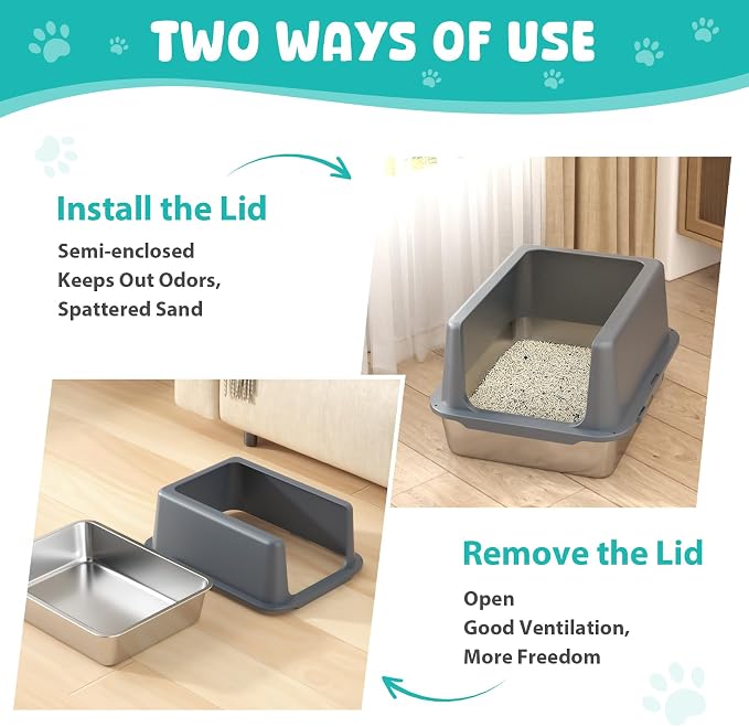 Litter Box with Lid, Stainless Steel Cat Litter Box, 10" Small Metal Litter Box for Kittens, Grey