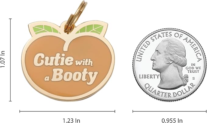 Two Tails Pet Company Personalized 'Cutie with a Booty' Pet ID Tag - Custom Engraved Dog Tags for Pets - Fun Brass, Gold Plating