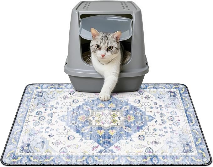 Cat Litter Mat Litter Trapping Mat, 24"x18" Waterproof Urine Proof Litter Box Mat Catcher Mat Non-Slip Washable for Kitty Kitten, Blue