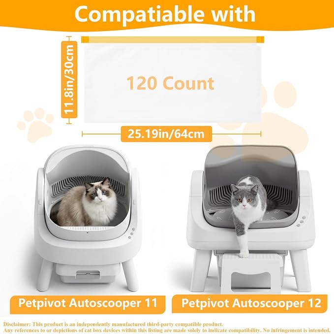 Litter Box Bag for PetPiv.o AutoScooper11/12, 25.19x11.8in, 120 Count | Unscented, Drawstring “Pull & Lift" Cleanup, Leakproof, 9-10 Gallon Capacity for Multiple Cats