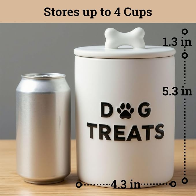 Ceramic Dog Treat Container Airtight - Ceramic Lid - 4 Cups - 4.3"W x 6.6"H | Airtight Ceramic Lid, Ceramic Bone Handle, Food Safe, Easy to Wash, Sturdy, Dishwasher Safe, Raised Design, 4 Cup Capacity